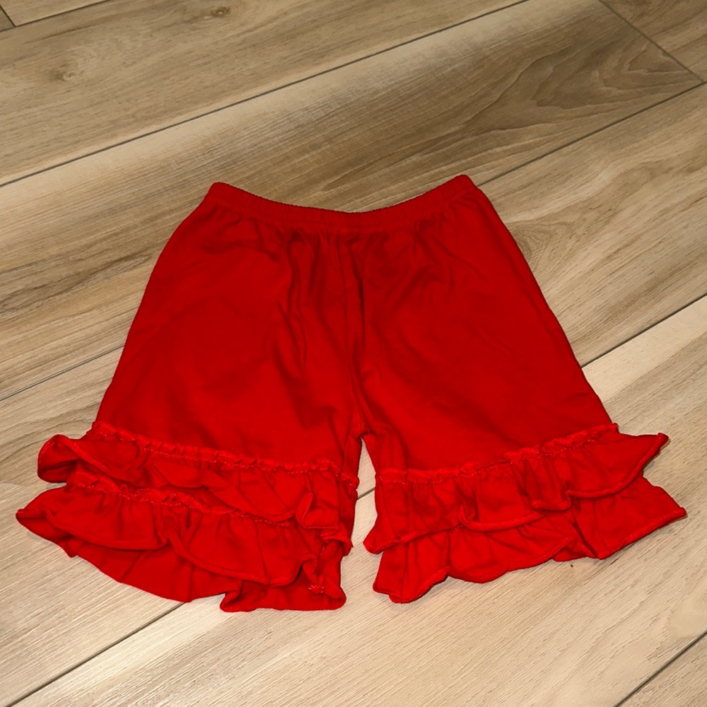 EUC Girls Stretch Ruffle Shorts Shorties Size 7 8 Boutique Brand Solid Red